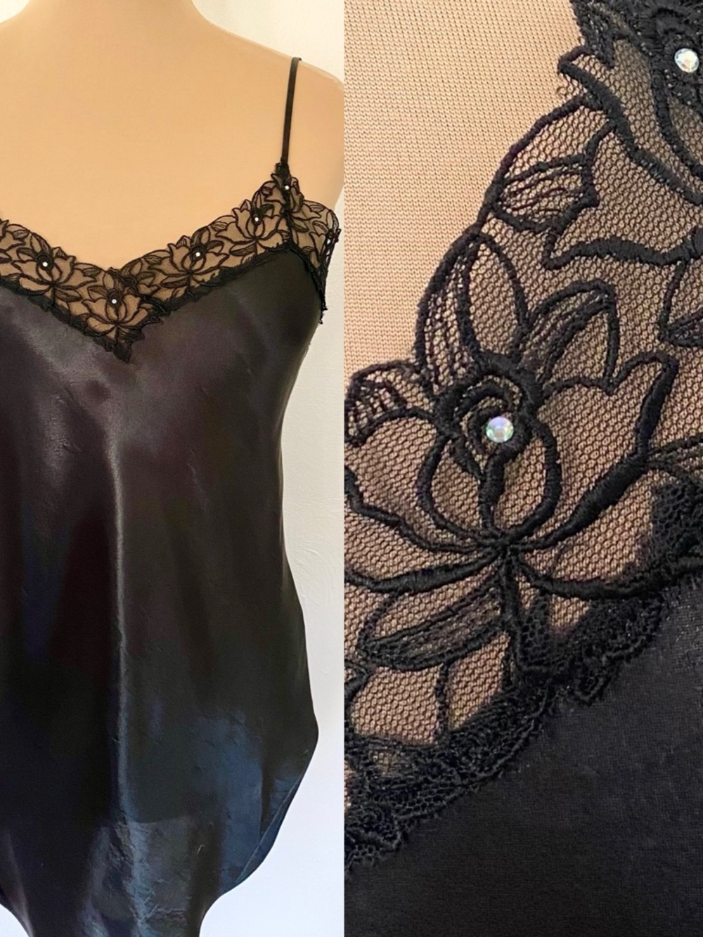 Vintage 90s VICTORIA'S SECRET Nightie *Large* Black Strappy Short Embroidered